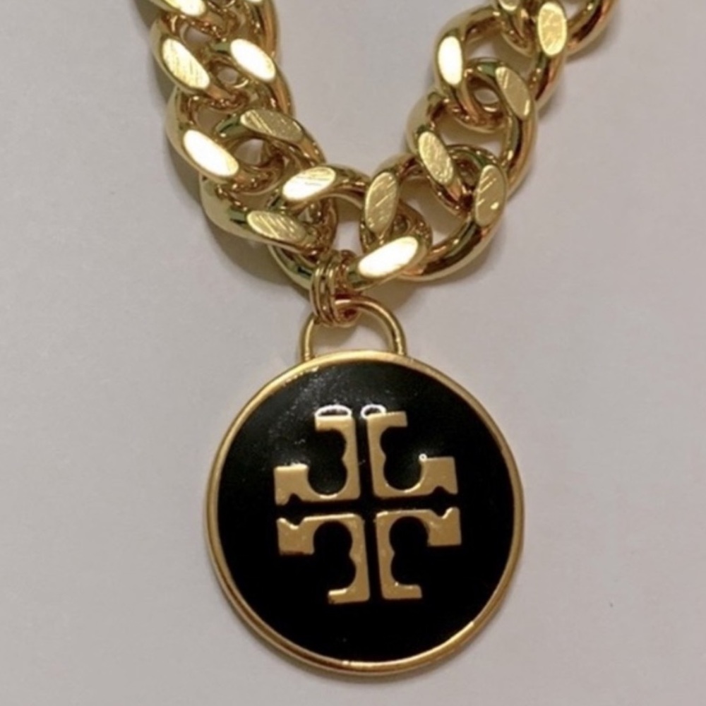 SALE 🌺 tory Burch black enamel pendant chunky chain chocker necklace - Picture 1 of 7